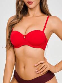 1pc Women Solid Color Underwire Bra - Red - View 1