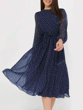 PoPoHouse Women's Elegant Summer Floral Print Dress With Lantern Sleeves And Round Neck