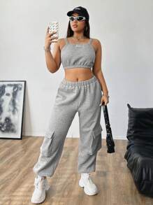 Flirla Plus Size Solid Color Spaghetti Strap Cropped Top And Pocket Pants 2 Pieces Set - Grey - View 4