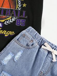SHEIN Tween Boys' 2pcs/Set Cool Basketball Graphic Black T-Shirt And Ripped Frayed Loose  Denim Blue Shorts Set ,For Back To School Two-Piece Set - Multicolor - View 6