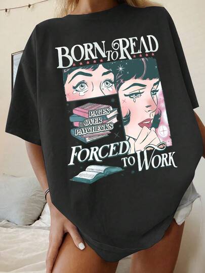 INAWLY Camiseta de mujer de corte holgado y informal para el verano con estampado de personaje de dibujos animados y diseño de hombros caídos, blusas gráficas para mujeres