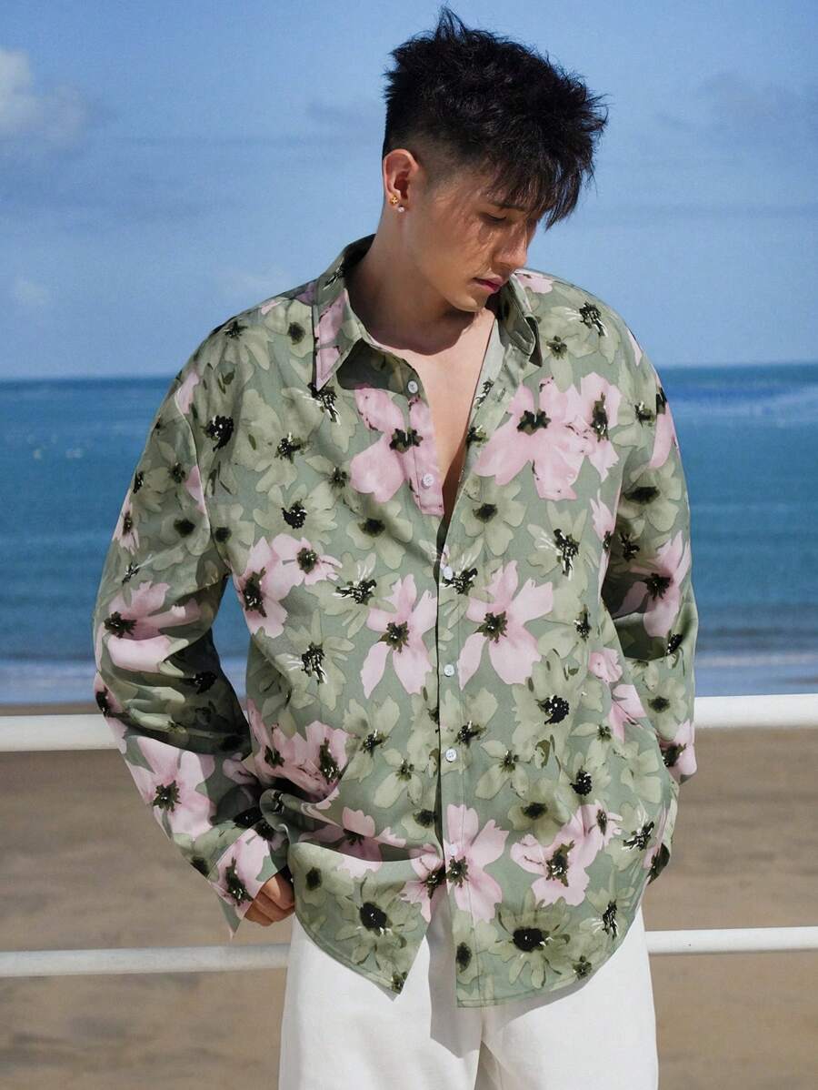 DAZY 男士花卉印花宽松休闲长袖衬衫，春夏