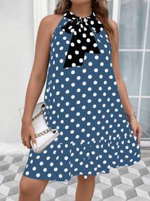 SHEIN Unity Plus Size Polka Dot Printed Ruffle Hem Summer Dress - Dusty Blue - View 5