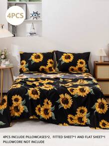 4 件套向日葵床上用品，纯色背景配向日葵图案，舒适向日葵床笠套装，女孩卧室装饰，包括床笠、床裙、2 件枕套（适合旅行）