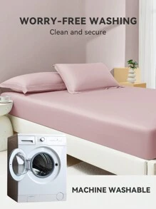 [100% Cotton]1pc Soft & Gentle Fitted Sheet, All-Season Comfort And Breathable,14inch/35cm Deep Pocket - Baby Pink - View 4