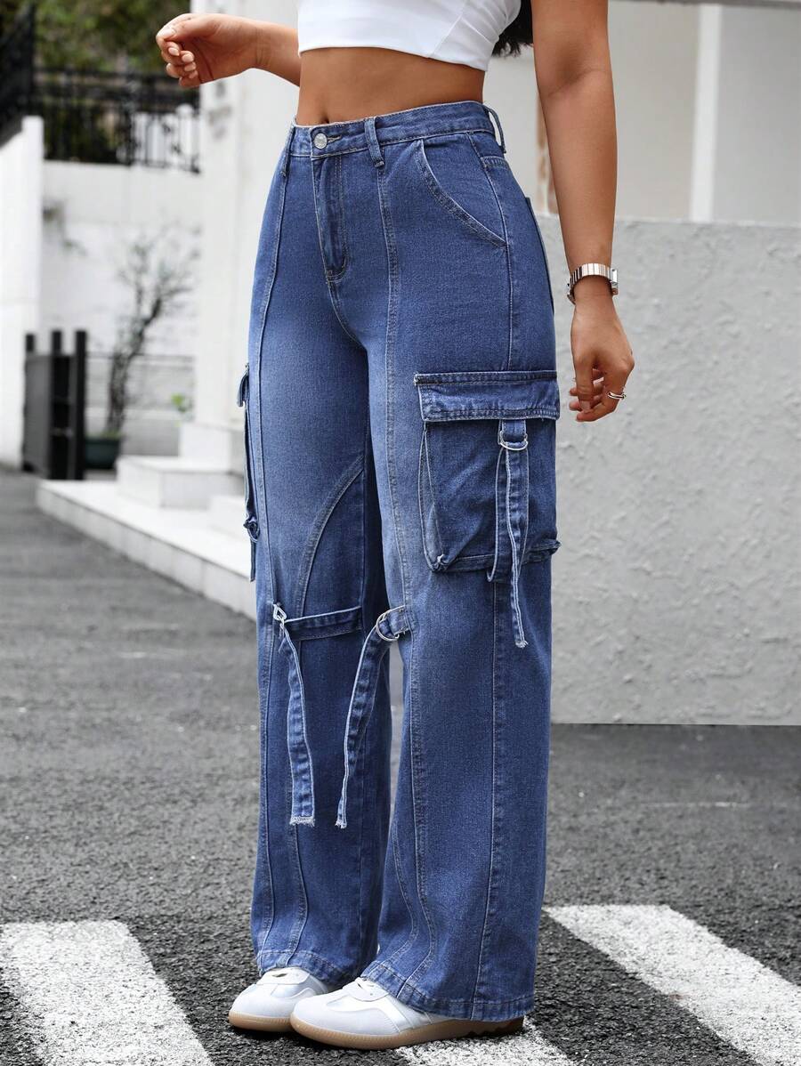 SHEIN Essnce 女式纽扣腰带环口袋系带设计直腿休闲牛仔裤