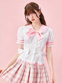 ROMWE Kawaii 女式学院风海军蓝领结荷叶边下摆衬衫，学校 - 白色 - 查看 1