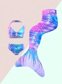 Baby Young Girl Fish Scale Print Halter Bikini Top And Bottoms Bikini Set Summer Beach