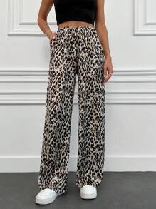 EURMUSE Leopar Printed Satin Wide Leg Pant - Brown - View 1