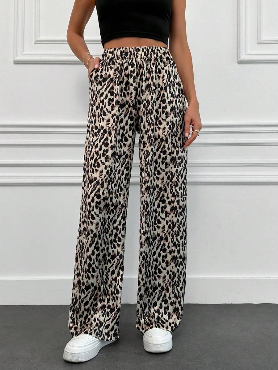 EURMUSE Leopar Printed Satin Wide Leg Pant - Brown - View 1