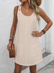 SHEIN LUNE Solid Color Sleeveless Dress With Pockets, Casual Vacation Wear
