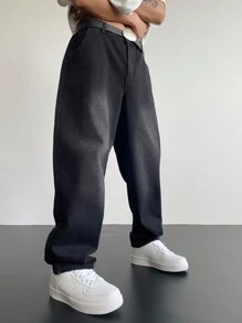 Manfinity Hypemode Quần jean nam ống rộng màu trơn có túi, quần jean rộng thùng thình cho nam - màu đen - Xem 6