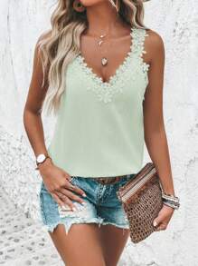 SHEIN Clasi Áo yếm viền ren màu trơn đơn giản dành cho kỳ nghỉ - Màu xanh Bạc hà - Xem 3