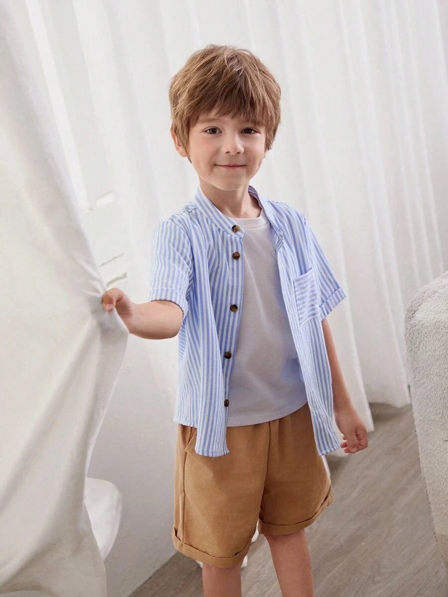 Cozy Pixies 2pcs Baby Boy Colorful Striped Collar Cardigan Shirt And Solid Shorts Set - Blue - View 1