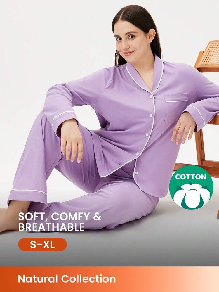 Autumn And Winter Women Purple Soft 100% Pure Cotton Basic Long Pajama Set For Women Lounge Sets For Women Pants With Pockets Clothes Cotton Pajamas