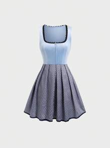 Sweetra Ladies' Blue Patchwork Velvet Dirndl Dress For Oktoberfest - Multicolor - View 6