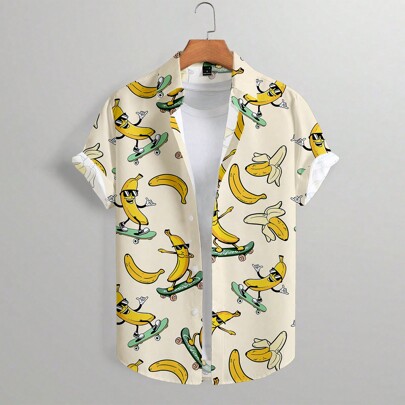 남성용 단추 전면 카툰 바나나 올오버 프린트 반팔 캐주얼 휴가 셔츠