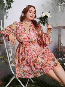Flirla Robe décontractée à manches longues, col en V, imprimé floral all-over, grande taille - Multicolore - Voir 7