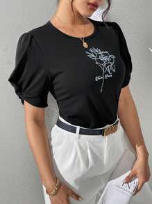 Seusyu 女士花卉印花荷叶边袖休闲修身 T 恤，适合返校和日常休闲穿着 - 黑色 - 查看 6