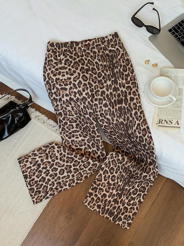 Comfortcana Calça Longa Diária Simples de Mulher Tecida com Estampa de Leopardo