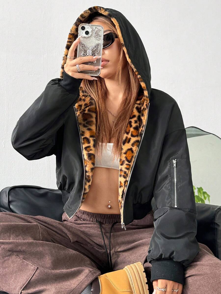 SHEIN EZwear 冬季二合一双面黑色豹纹蓬松连帽短款夹克 - 黑色 - 查看 1