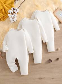 SHEIN 3pcs Newborn Baby Basic Solid Color Cute Casual Warm Comfortable Soft White Long Sleeve Jumpsuit Suitable For Autumn And Winter, Indoor And Outdoor - Multicolor - View 1