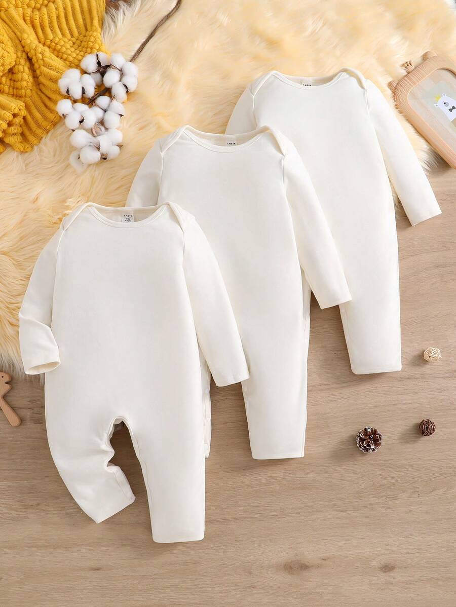 SHEIN 3pcs Newborn Baby Basic Solid Color Cute Casual Warm Comfortable Soft White Long Sleeve Jumpsuit Suitable For Autumn And Winter, Indoor And Outdoor - Multicolor - View 1
