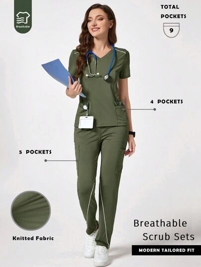 TaskEZ 纯色 V 领短袖口袋简约上衣和裤子护士服套装