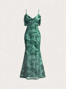 SHEIN Privé 女士优雅花卉 V 领荷叶边露背长裙、露背连衣裙、长款夏季连衣裙、热带连衣裙、绿色连衣裙、露肩连衣裙、长款女士连衣裙、波西米亚风连衣裙、优雅连衣裙、约会晚礼服、无袖连衣裙、夏威夷连衣裙、长款沙滩裙、音乐会女装、优雅晚礼服，适合日常、派对、返校季、婚礼季、演出服装 - 彩色 - 查看 1