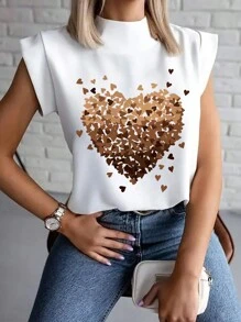 INAWLY Heart Print Small Stand Collar Casual T-Shirt Graphic Tees Women Tops - White - View 4