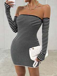 SHEIN Unity Robe moulante en tricot à manches longues à rayures noires et blanches pour femmes - Noir et Blanc - Voir 1