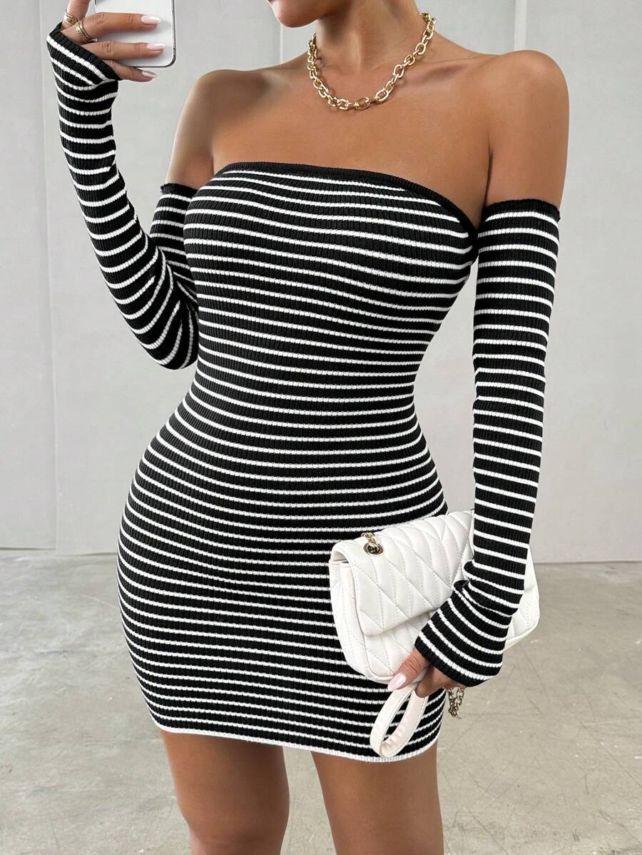 SHEIN Unity Robe moulante en tricot à manches longues à rayures noires et blanches pour femmes - Noir et Blanc - Voir 1