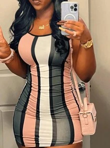 SHEIN Slayr Women's Color Block Striped Printed Pleated Cami Dress - Multicolor - View 1