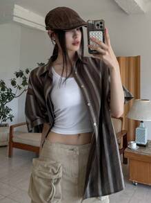 DAZY 女士纽扣式短袖条纹休闲宽松舒适街头风格衬衫 - 棕色 - 查看 6