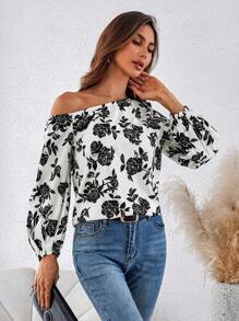 SHEIN Clasi Elegant Floral Print Square Collar 3/4 Lantern Sleeve Loose Fit Women's Blouse Black And White Shirt Asymmetrical Shoulder Long Sleeve Long Sleeve Shirt Teacher Clothes - Black and White - View 6