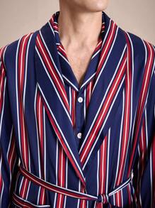 EverLounge Men's Striped Printed Pockets Front Button Belted Long Sleeve Robe - Multicolor - View 2