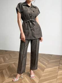 Mulvari Women's Summer Solid Color Batwing Sleeve Utility Pocket Drawstring Waist Shirt And Pants Casual Commuter 2-Piece Set 2 Piece Set - Mocha Brown - View 4