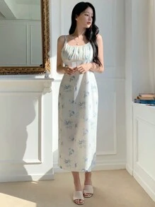 DAZY 女士休闲碎花细肩带中长连衣裙，夏季太阳裙 - 彩色 - 查看 6