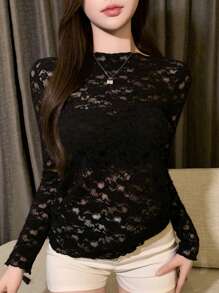 DAZY Women Lace See-Through Long Sleeve Blouse Sheer - Black - View 6