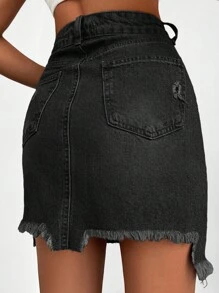 EURMUSE Women Summer Distressed Denim Skirt - Hitam - View 2