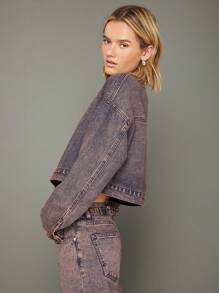 WESTFADE Winter Jacket Premium 100% Cotton Denim Acid Wash Button Front Long Sleeve Boxy Cropped Jacket - Blue - View 10