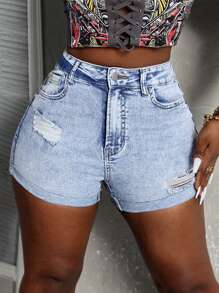 SHEIN Slayr Women's Summer Casual Slim Fit Ripped Denim Shorts