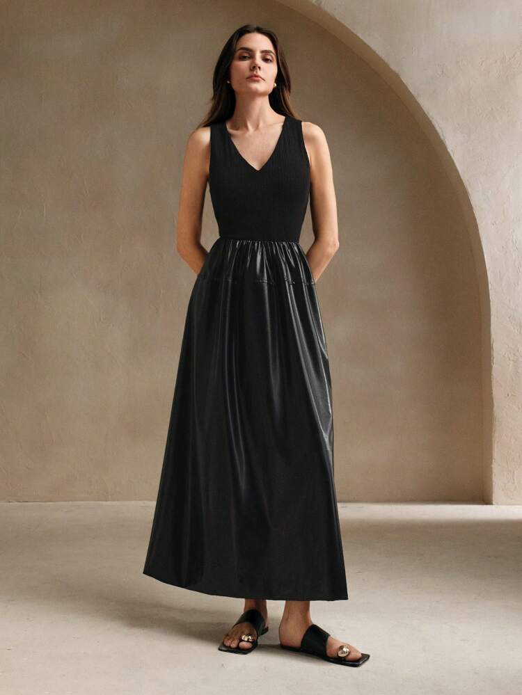 Sleeveless Patchwork Design Casual Solid Color Summer Dress