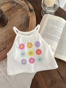 SHEIN ModeFlare Wear 3pcs Baby Girl Casual Simple Cute Cartoon Flower, English Alphabet Print White/Black/Pink Tank Top Set Suitable For Summer, Baby Girl Clothes, Flower Shirt, Cute Shirts, Pink Shirt, Baby T Shirt Girl - Multicolor - View 4