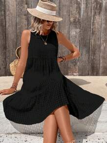 Breezaya 女士圆领无袖纯色简约荷叶边下摆优雅连衣裙度假海滩装 - 黑色 - 查看 5