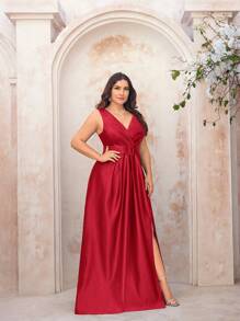 SHEIN Belle 加大码 V 领重叠腰带褶皱高开衩 A 字型优雅正式晚礼服、舞会礼服，适合婚礼嘉宾、毕业典礼、晚宴 - 紅色 - 查看 7