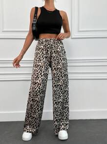 EURMUSE Leopar Printed Satin Wide Leg Pant - Brown - View 3