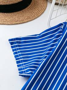 大码圆领短袖条纹口袋设计宽松休闲优雅连衣裙，适合夏季 - 藍白色 - 查看 4