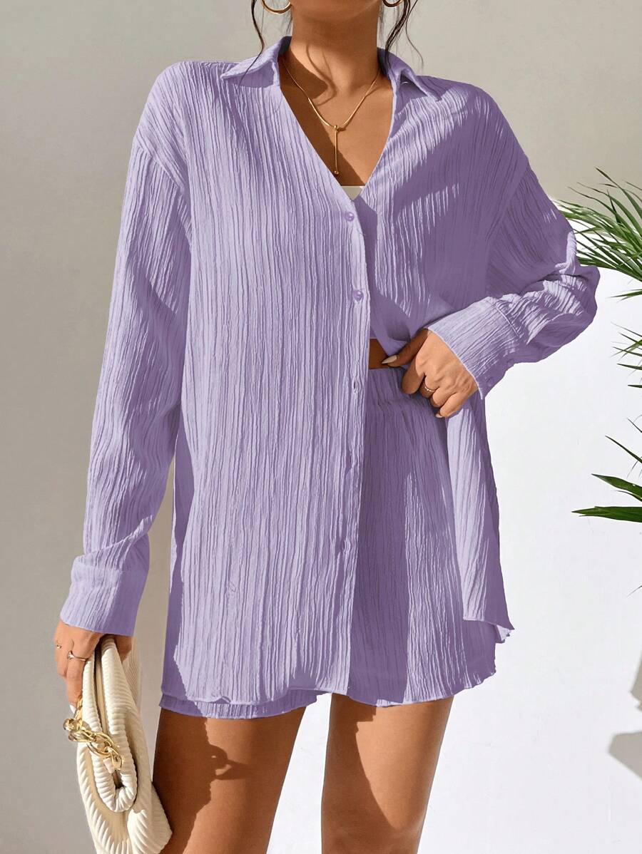 SHEIN LUNE 2 件女式 V 领长袖纯色衬衫和宽松舒适短裤 - 紫色 - 查看 1