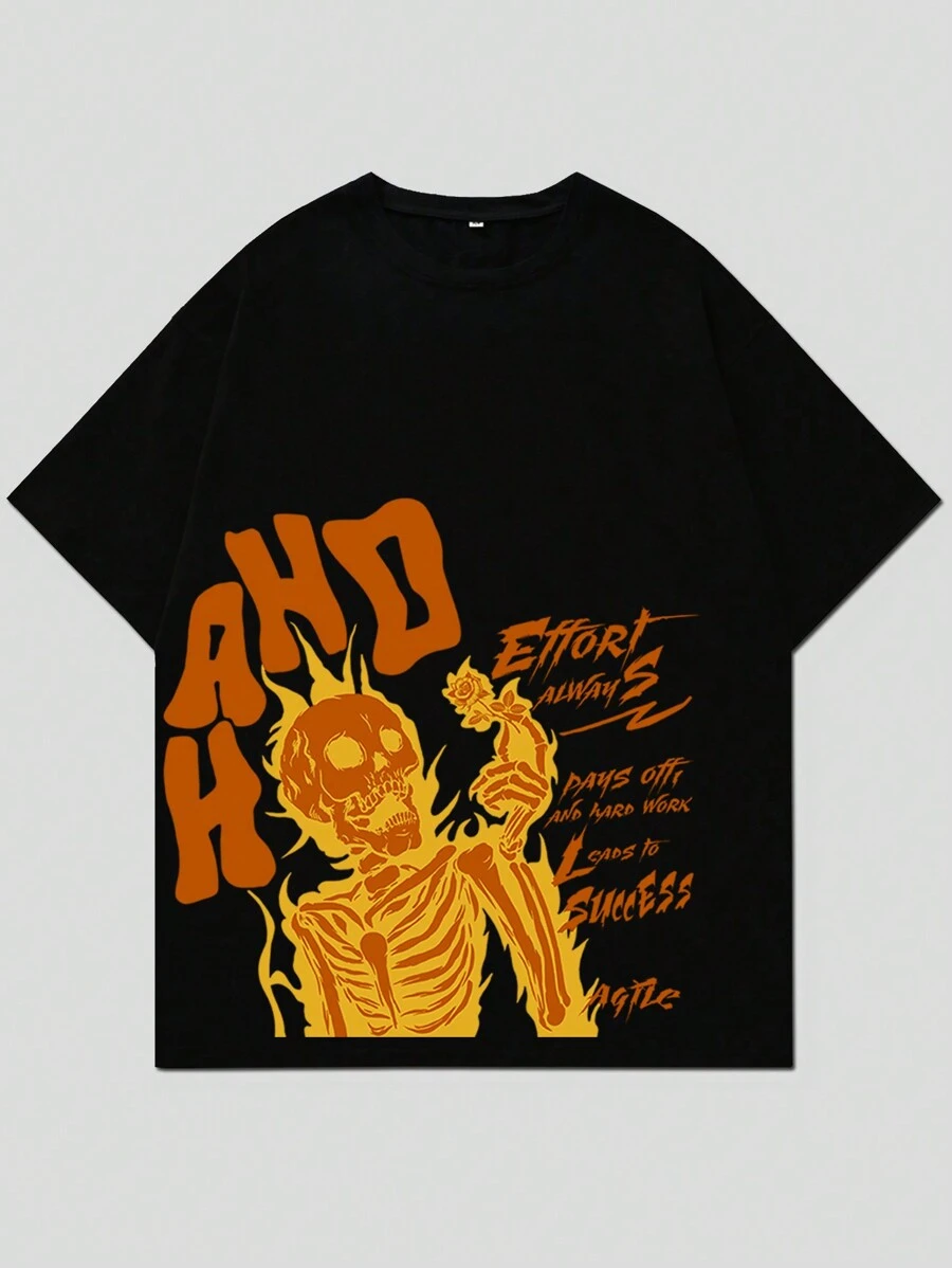 ROMWE MEN Street Life Maglietta a maniche corte da uomo con stampa di teschio e slogan, perfetta per l'uso quotidiano in primavera e estate, a scuola - nero - Visualizzare 1